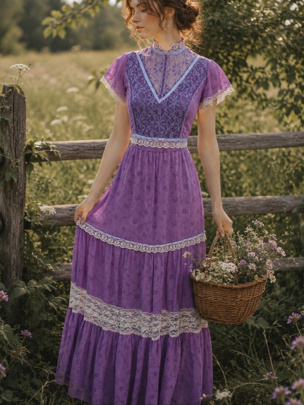 Vintage purple floral prairie dress dainty pastel cottagecore flutter sleeve 70s